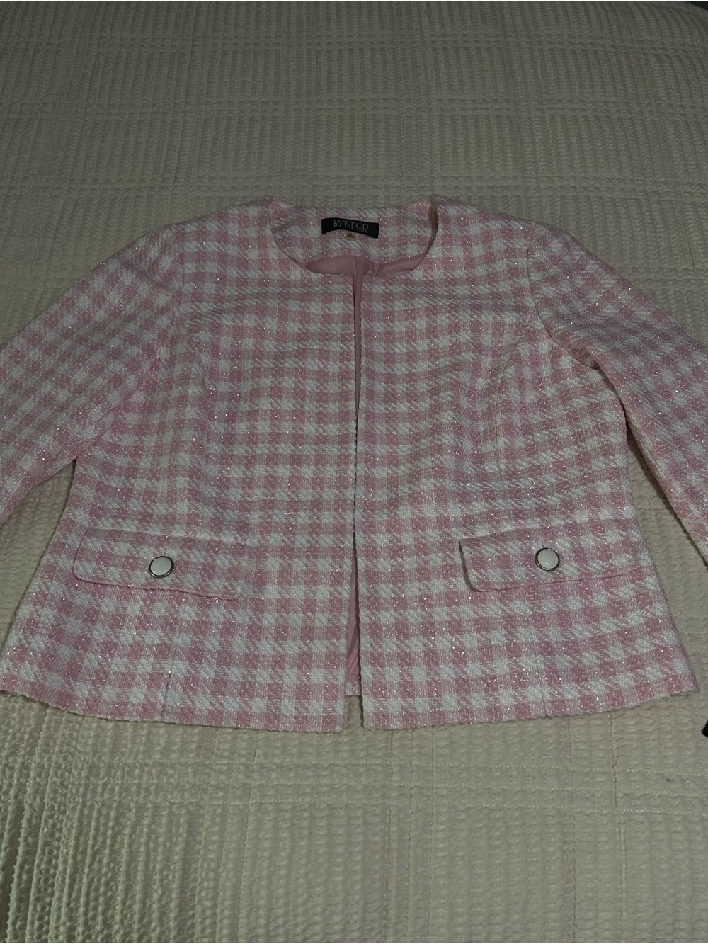 Kasper Pink and White Gingham Tweed Collarless Jacket